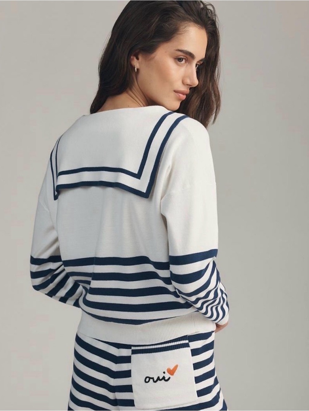Anthropologie White Sweater with Navy Stripes and Sailor Collar